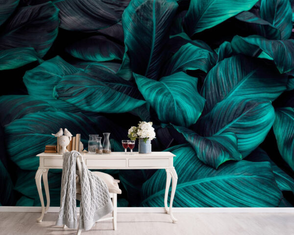 Feuilles luxuriantes dans des tons turquoise profonds Papier peint Feuilles luxuriantes dans des tons turquoise profonds