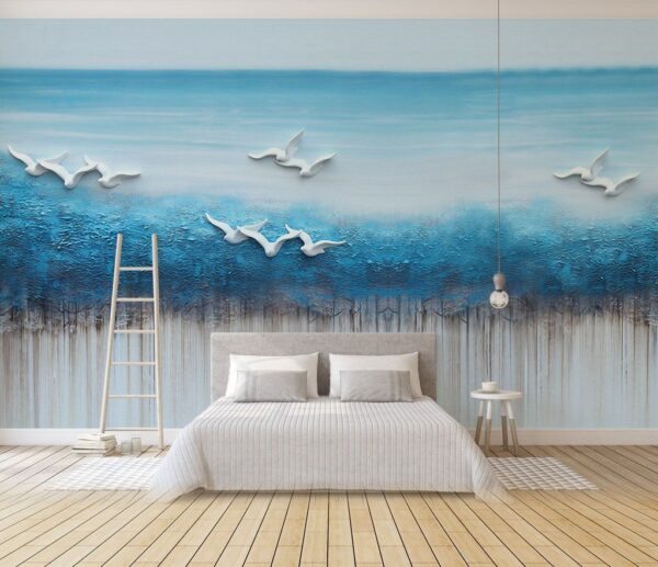 Peinture d'oiseaux volant au-dessus d'un océan bleu Papier peint Peinture d'oiseaux volant au-dessus d'un océan bleu