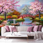 Papier peint Jardin serein avec des fleurs roses.
