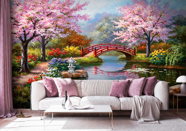 Jardin serein avec des fleurs roses Papier peint Jardin serein avec des fleurs roses