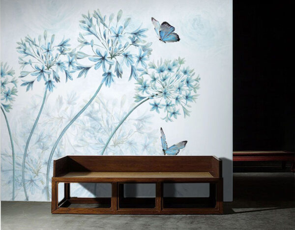 Fleurs bleues et papillons en harmonie Papier peint Fleurs bleues et papillons en harmonie
