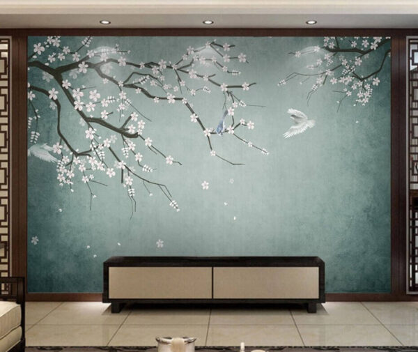 Oiseaux et fleurs en harmonie sereine Papier peint Oiseaux et fleurs en harmonie sereine
