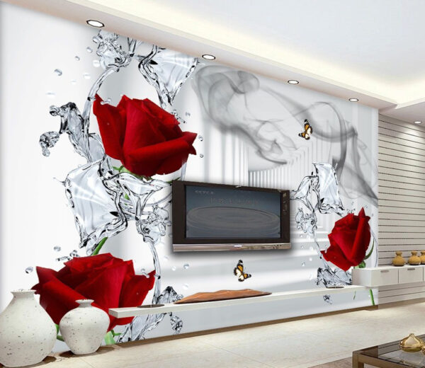 Roses rouges flottant avec des papillons Papier peint Roses rouges flottant avec des papillons