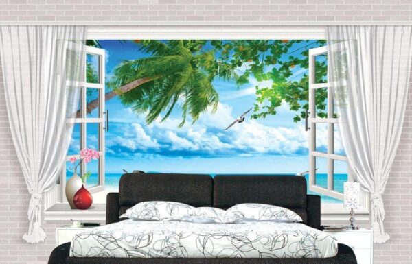 Fenêtre avec vue sur la plage et les oiseaux Papier peint Fenêtre avec vue sur la plage et les oiseaux