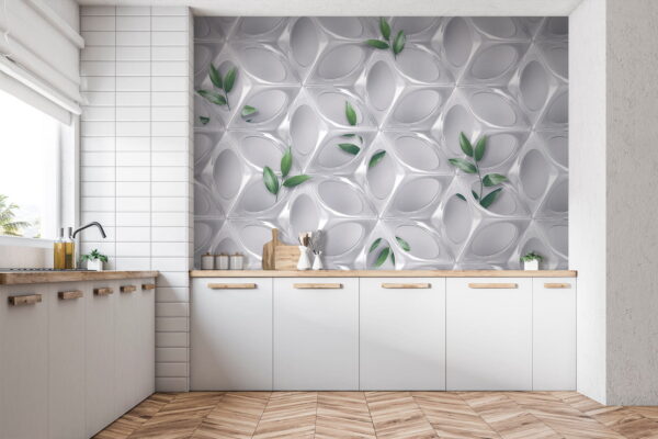 Papier peint Papier peint Mur blanc avec des feuilles vertes (UGS : u41676)