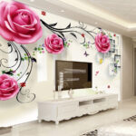 Papier peint Des cygnes sous des roses en fleurs