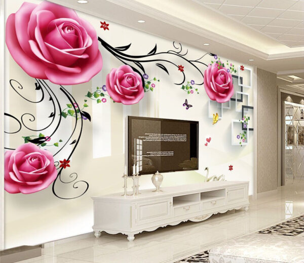 Des cygnes sous des roses en fleurs Papier peint Des cygnes sous des roses en fleurs