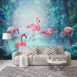 Papier peint Groupe de flamants roses dans une forêt