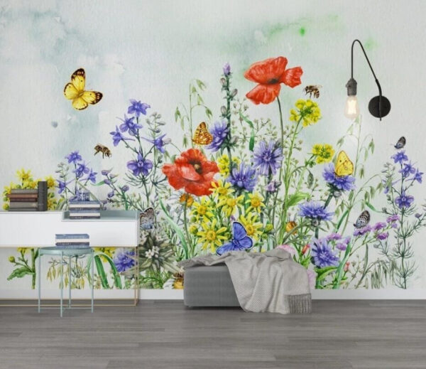Des fleurs éclatantes et des papillons volants Papier peint Des fleurs éclatantes et des papillons volants