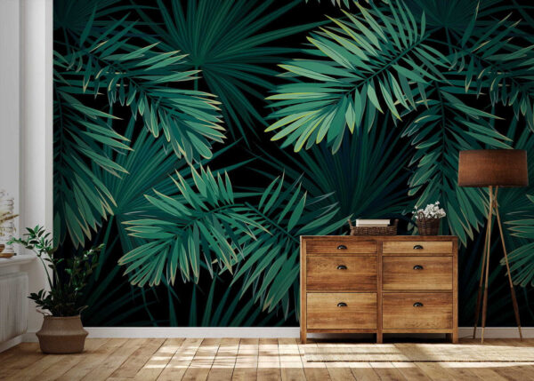 Motif de feuilles tropicales sur fond noir Papier peint Motif de feuilles tropicales sur fond noir