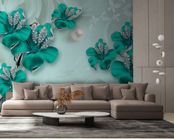 Des fleurs turquoise avec des accents étincelants Papier peint Des fleurs turquoise avec des accents étincelants