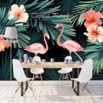 Papier peint Couple de flamants roses et fleurs