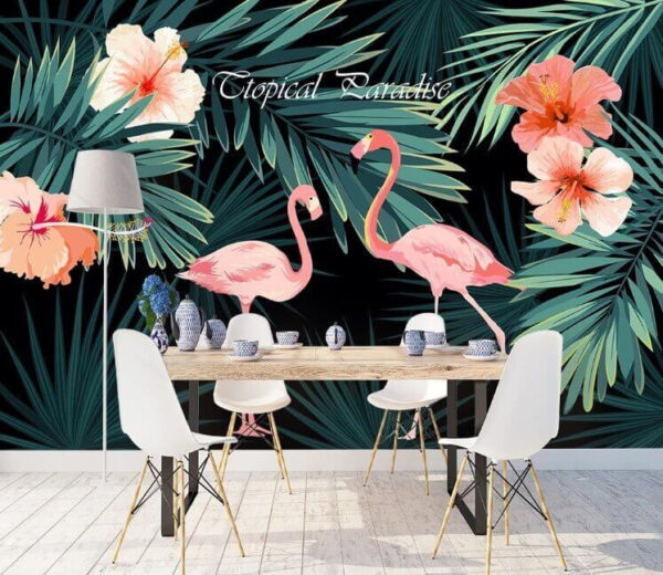 Couple de flamants roses et fleurs Papier peint Couple de flamants roses et fleurs