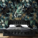 Papier peint Motif floral abstrait sarcelle et métallique.