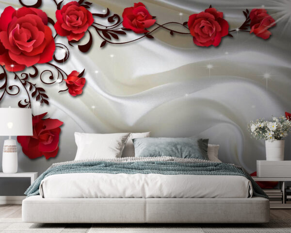 Roses rouges sur tissu blanc soyeux Papier peint Roses rouges sur tissu blanc soyeux