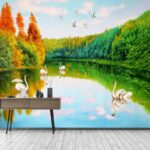 Papier peint Peinture de cygnes sur un lac
