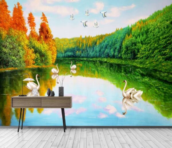 Papier peint Papier peint Peinture de cygnes sur un lac (UGS : u45771)
