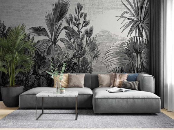 Dessin en noir et blanc d'une forêt tropicale Papier peint Dessin en noir et blanc d'une forêt tropicale