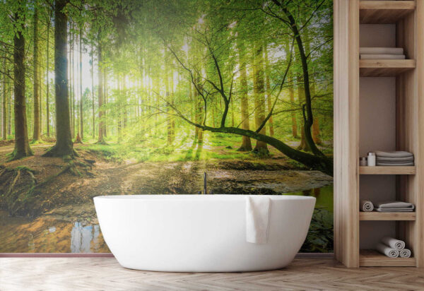 Forêt ensoleillée avec un ruisseau scintillant Papier peint Forêt ensoleillée avec un ruisseau scintillant