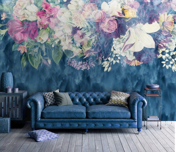 Tapisserie florale sur des vagues bleues Papier peint Tapisserie florale sur des vagues bleues