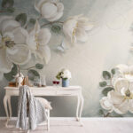 Papier peint Fleurs et feuilles blanches sur fond blanc