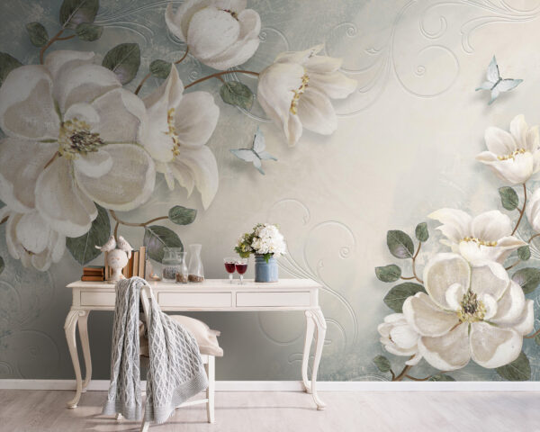 Fleurs et feuilles blanches sur fond blanc Papier peint Fleurs et feuilles blanches sur fond blanc