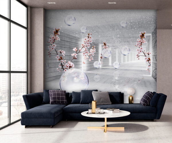 Chambre blanche avec fleurs et bulles Papier peint Chambre blanche avec fleurs et bulles
