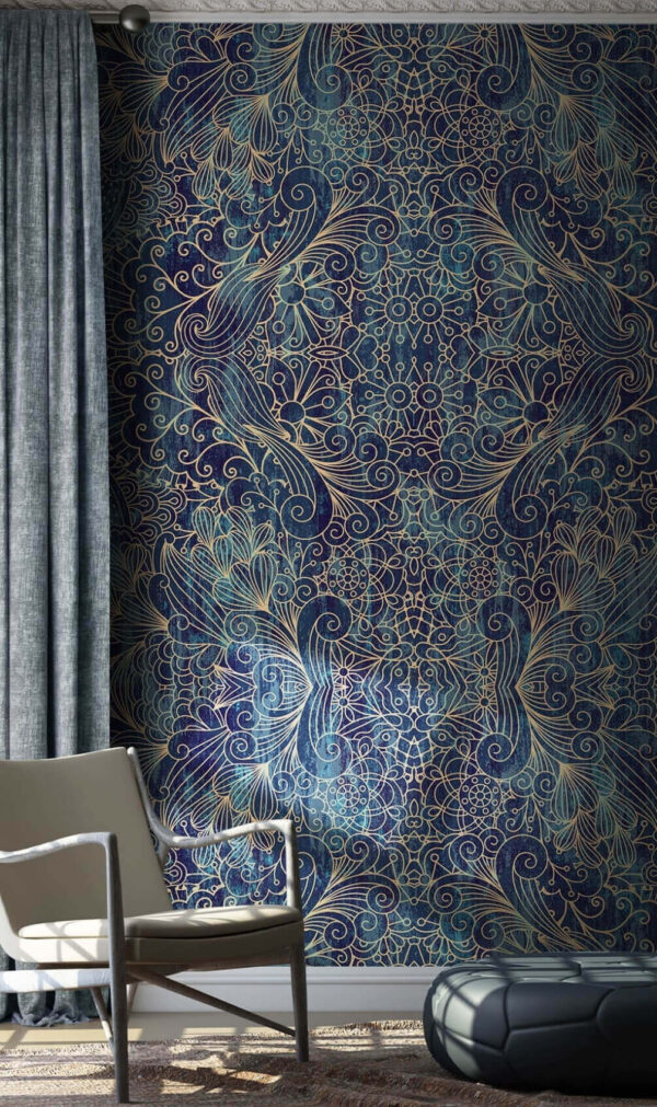 Motif complexe bleu et beige Papier peint Motif complexe bleu et beige