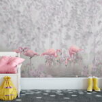 Papier peint Groupe de flamants roses dans un étang avec des fleurs