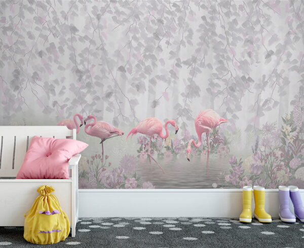 Groupe de flamants roses dans un étang avec des fleurs Papier peint Groupe de flamants roses dans un étang avec des fleurs