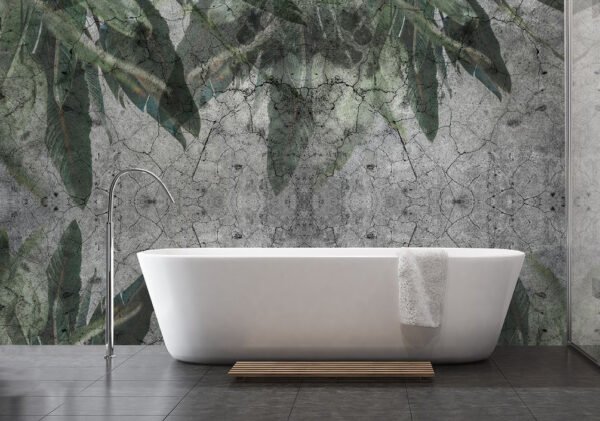 Papier peint Mur fissuré avec un motif de feuilles vertes