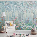 Papier peint Forêt enchantée avec cerfs et oiseaux.