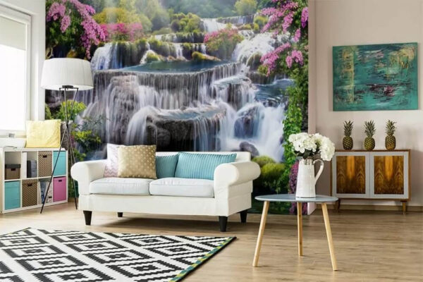Cascade enchanteresse au milieu de fleurs éclatantes Papier peint Cascade enchanteresse au milieu de fleurs éclatantes