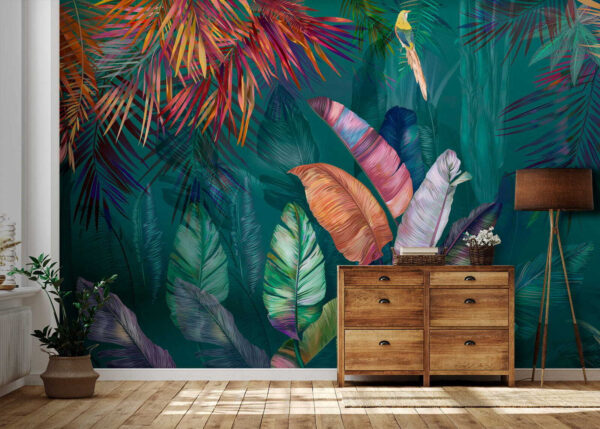 Scène de jungle animée avec perroquet Papier peint Scène de jungle animée avec perroquet