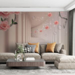Papier peint Papier peint avec des roses roses et des escaliers blancs