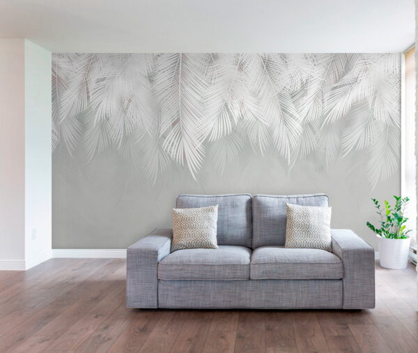 Motif de feuilles blanches sur fond gris Papier peint Motif de feuilles blanches sur fond gris