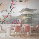 Papier peint Fleurs encadrant un temple japonais serein