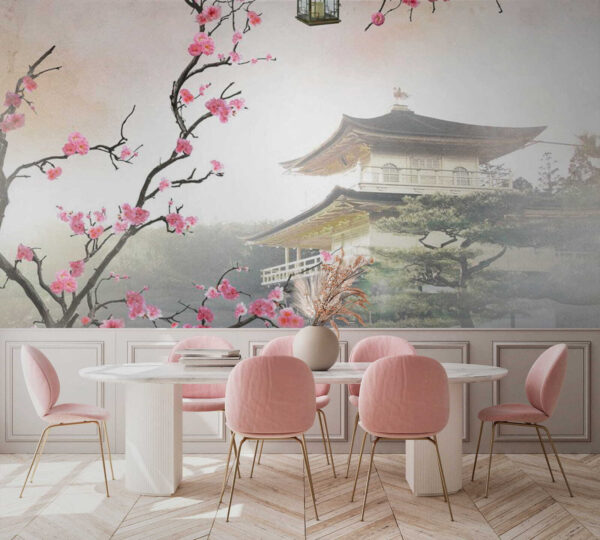 Fleurs encadrant un temple japonais serein Papier peint Fleurs encadrant un temple japonais serein