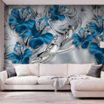 Papier peint Fleurs bleues ornées de cristaux.