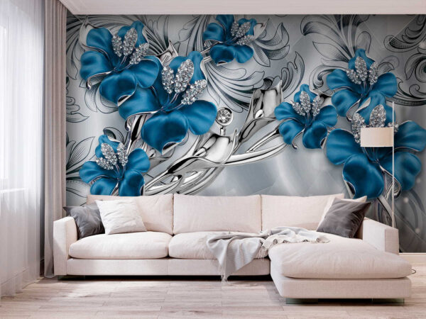 Fleurs bleues ornées de cristaux Papier peint Fleurs bleues ornées de cristaux