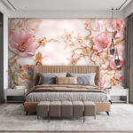 Papier peint Fleurs roses sur fond blanc