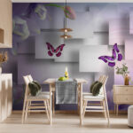 Papier peint Fleurs et papillons violets et blancs