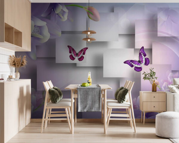 Fleurs et papillons violets et blancs Papier peint Fleurs et papillons violets et blancs