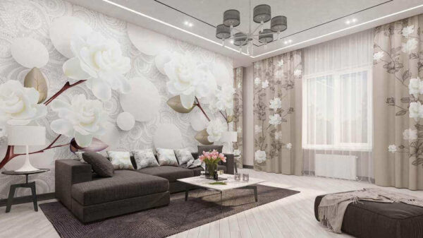 Fleurs et cercles blancs sur fond blanc Papier peint Fleurs et cercles blancs sur fond blanc
