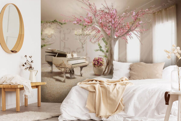 Arbre avec des fleurs roses et un piano dans une pièce Papier peint Arbre avec des fleurs roses et un piano dans une pièce