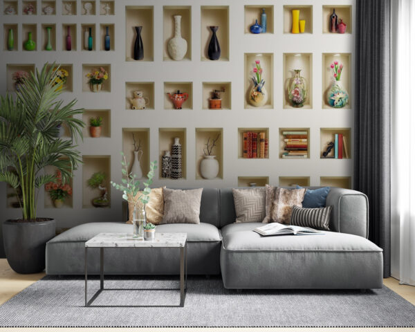 Étagères décoratives avec des objets colorés Papier peint Étagères décoratives avec des objets colorés