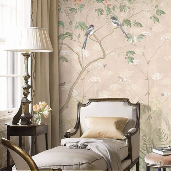 Papier peint avec des oiseaux sur des arbres et des fleurs Papier peint Papier peint avec des oiseaux sur des arbres et des fleurs
