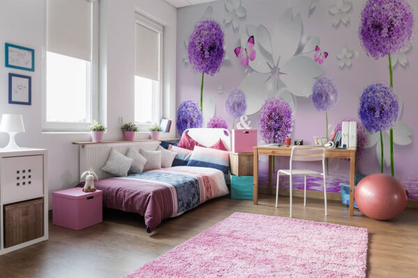 Fleurs violettes avec papillons et reflets Papier peint Fleurs violettes avec papillons et reflets
