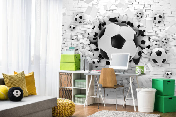 Des ballons de football traversent le mur Papier peint Des ballons de football traversent le mur
