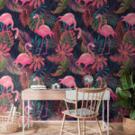 Papier peint Motif de flamants roses et de feuilles